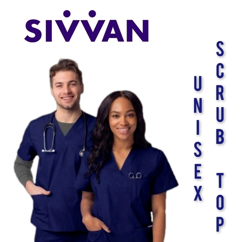 SIVVAN ◇ Unisex Short-Sleeved Tunic Scrub Top, Navy ◇ Sizes XS & Med Avail ◇ NIP